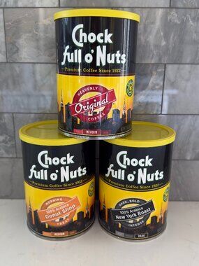 Set of 3 Empty Chock Full o' Nuts 10.2-11.3oz Tins NYC Skyline Storage Steel Can